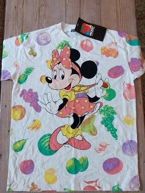 Vintage Disney Minnie Mouse Fruit Print Tee - White with Pink and Yellow